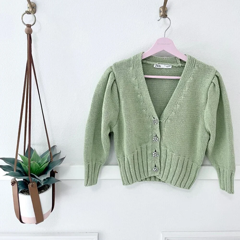 Zara Light Green Jeweled Cardigan Sweater Knit Size S